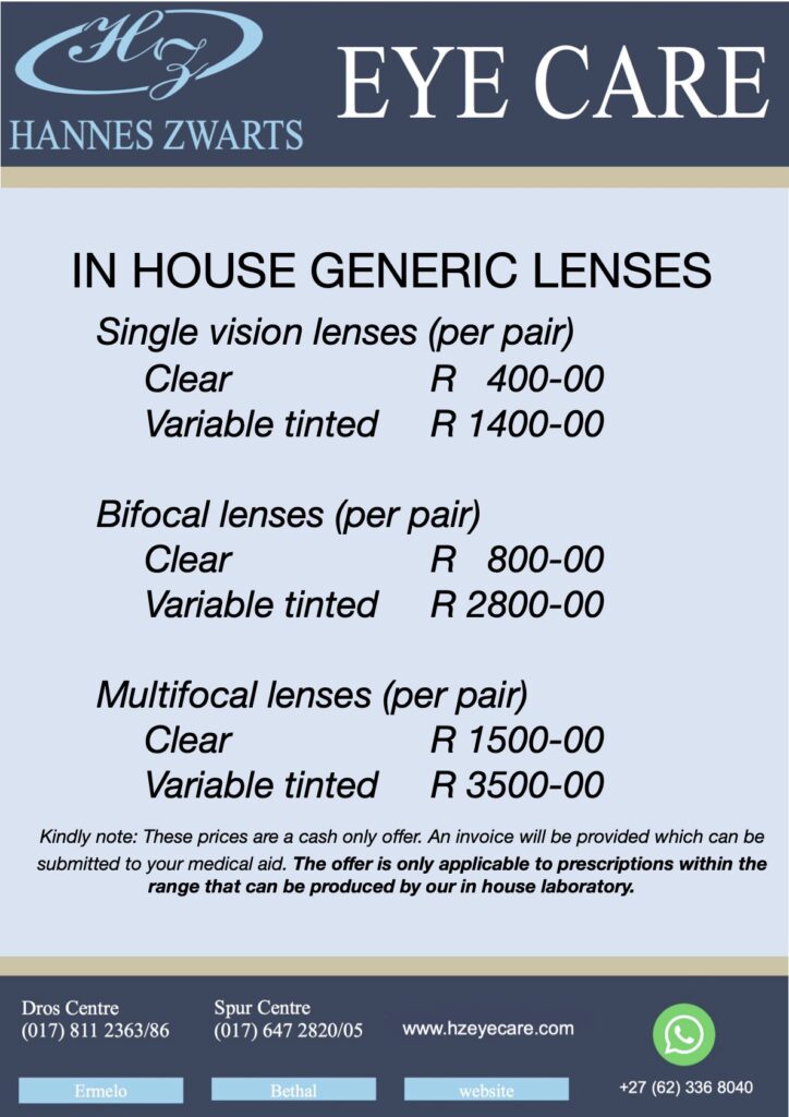 In House Produced Generic Lenses Price List - HANNES ZWARTS EYE CARE